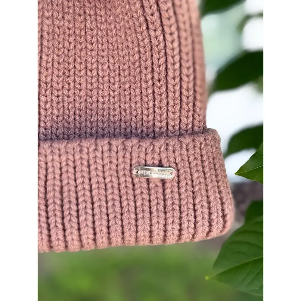 Steve Madden Women’s Knit Beanie Dusty Rose Pink Faux Fur Pom Pom Hat